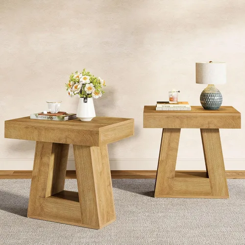 Miniatura 12 de Tribesigns Mesa auxiliar moderna de 24 pulgadas, mesa auxiliar de madera estrecha de 2 niveles con base trapezoidal, mesita de noche pequeña