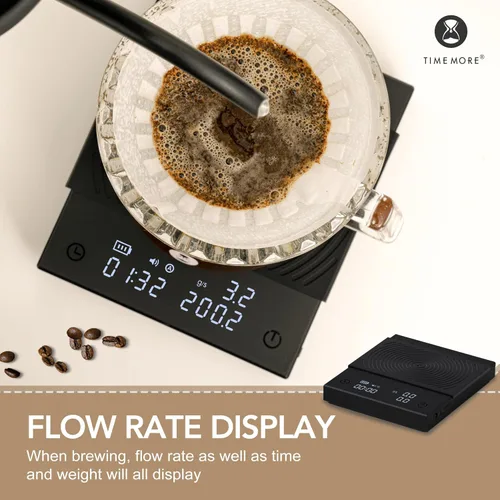 Miniatura 2 de Báscula de café TIMEMORE Basic 2.0 con temporizador, báscula de espresso de espejo negro con función de tasa de flujo, 2000g/0.1g de alta precisión