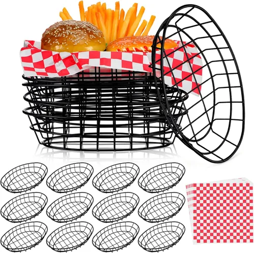 Miniatura 9 de Hushee 12 cestas de pan de alambre a granel de 9.5 x 6.2 x 2.2 pulgadas, cestas ovaladas de metal para mesa servir fruteros con 50 forros de papel a