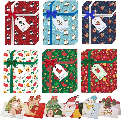 SeunKieer 6 cajas porta tarjetas de regalo de Navidad con lazos, cajas de envoltura de regalos con tarjetas de felicitación Feliz Navidad, mini