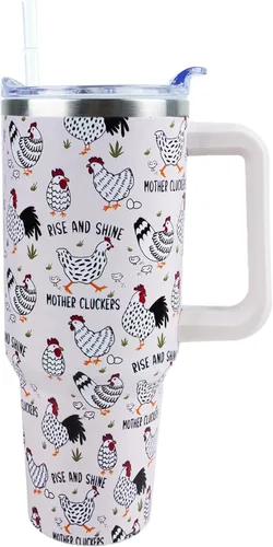 Miniatura 8 de Vaso de 40 onzas con asa y tapa con popote a prueba de fugas, diseño de pollo y gallo, taza de viaje de café con asa aislada para bebidas frías