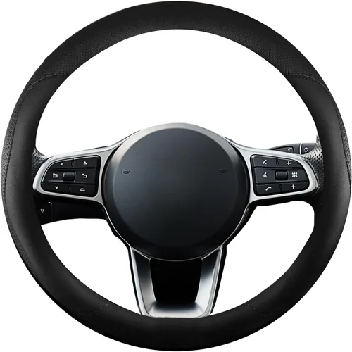 Miniatura 12 de Funda de cuero para volante de automóvil, transpirable, perforada con láser, líneas dobles negras puras, textura premium, 14.5-15 pulgadas