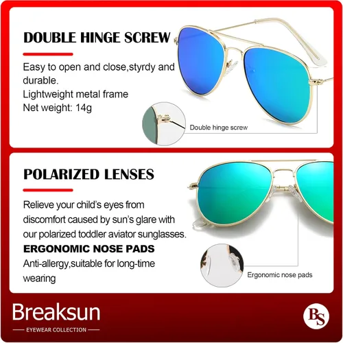 Miniatura 7 de Breaksun Lentes de sol polarizados de aviador para niñas y niños de 3 a 10 años, lentes de sol clásicos de aviador para adolescentes y jóvenes