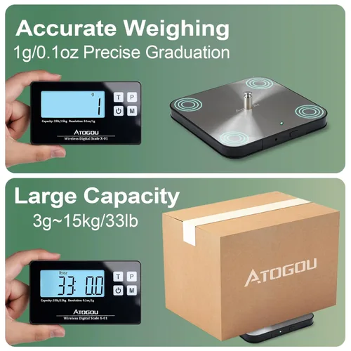 Miniatura 4 de Atogou - Báscula de cocina inalámbrica de 33 libras con pantalla remota, graduación precisa de 1 g/0.1 onza, acero inoxidable 304 de grado