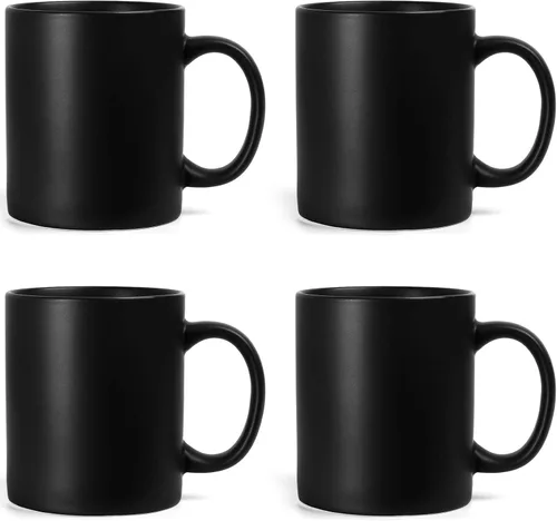 harebe Juego de 4 tazas de café clásicas de 11 onzas, taza de cerámica familiar para café, té, cacao y bebidas calientes, negro mate