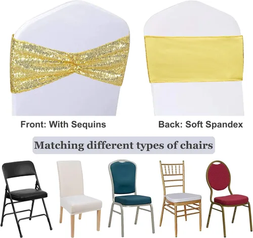 Miniatura 5 de SquarPie - Paquete de 50 bandas para silla, de elastano elástico dorado, lazos de lentejuelas unilaterales para decoración de bodas, fiestas
