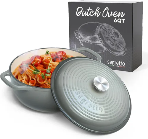 Miniatura 14 de Segretto Cookware Horno holandés de hierro fundido esmaltado, 6 cuartos de galón, verde claro Verde Chiaro (verde claro)