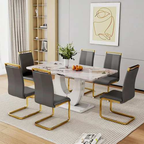 Miniatura 24 de Juego de 6 sillas de mesa de comedor para 6, juego de 6, moderno juego de comedor con mesa de comedor de mármol de 63 pulgadas, sillas tapizadas