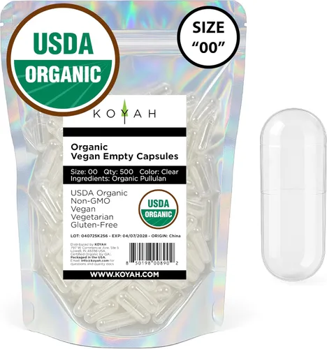 KOYAH - Cápsulas orgánicas vacías de pululan, tamaño 00, 500 unidades | Certificado orgánico, vegano, sin gluten, sin OMG, sin alérgenos, ideal para