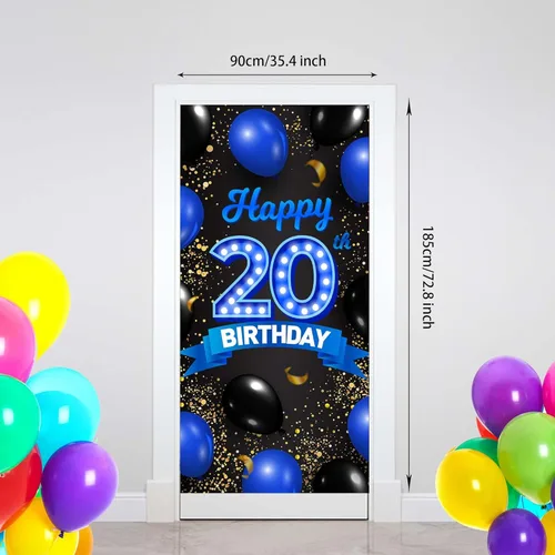 Miniatura 2 de Cartel de fondo azul y negro de feliz cumpleaños número 20, decoración temática de globos de confeti para niñas y mujeres de 20 años, decoraciones