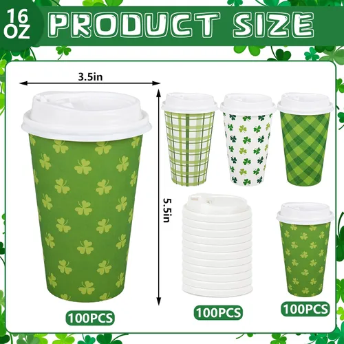 Miniatura 2 de Whaline Juego de 100 tazas de café desechables del día de San Patricio con tapas, taza de papel, verde y blanco, trébol a cuadros, tazas para beber