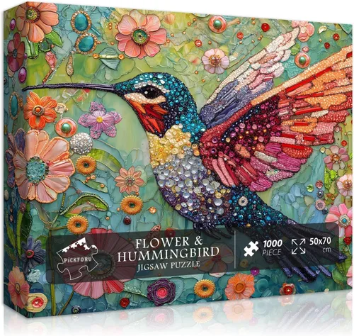 Rompecabezas de Colibrí para Adultos 1000 Piezas, Rompecabezas de Arte de Aves de la Naturaleza, Flores y Joyas, Rompecabezas de Diamantes de