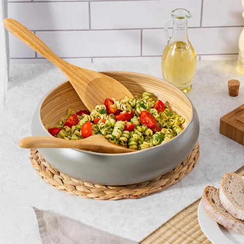 Miniatura 9 de Dehaus Servidores de ensalada de bambú extra grandes de 12 pulgadas - Cucharas de madera para servir ensaladas - Utensilios ecológicos - Manos