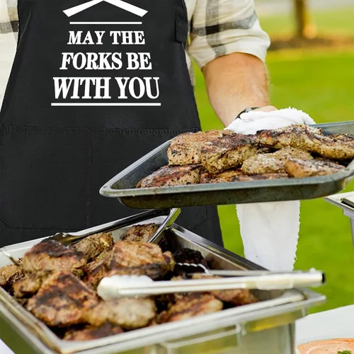 Miniatura 7 de Rosoz Divertidos delantales de chef negros para barbacoa para hombres, con texto en inglés "May the Forks be with You", delantales de cocina Que