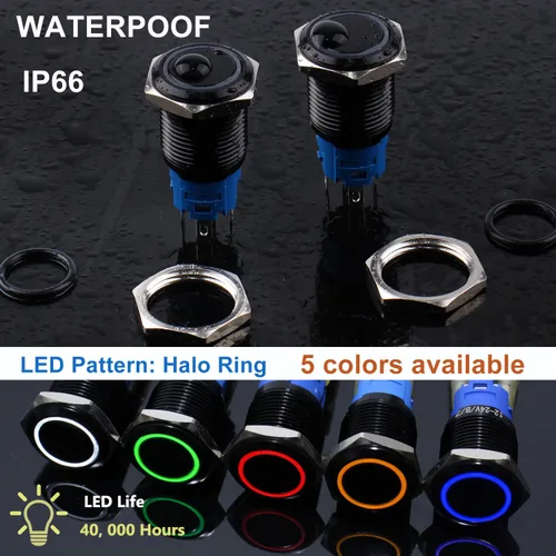 Miniatura 5 de 2 interruptores de botón de bloqueo de 0.748 in de 12 V-24 V, anillo de CC LED 1NO 1NC impermeable botón de metal negro encendido apagado