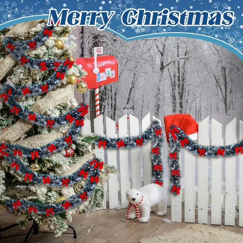 Miniatura 4 de Riceshoot Guirnalda de oropel de Navidad de 131.23 pies con lazo rojo metálico brillante colgante guirnalda para fiesta de Navidad, árbol, escalera