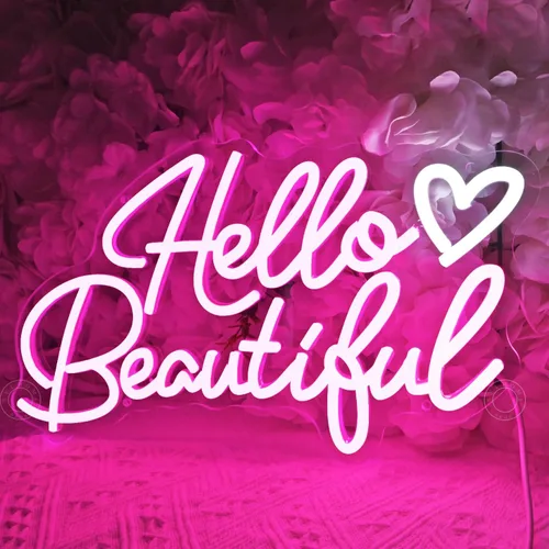 Miniatura 5 de SYLHOME Letrero de luz LED de neón con texto en inglés «Hello Beautiful» con diseño de corazón rosa Hello Gorgeous para dormitorio, boda, fiesta