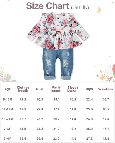 Miniatura 7 de SANMIO Conjunto de ropa para niña, lindo conjunto de camiseta floral con mangas con volantes y pantalones de mezclilla rasgados