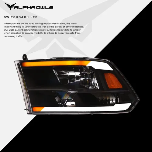 Miniatura 4 de Alpha Owls 8707715 - Faros delanteros de cristal con barra de luz LED secuencial Switchback y luz de arranque, ámbar negro para modelos halógenos