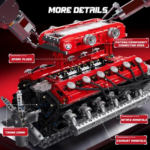 Miniatura 5 de Mould King Kit de modelo de motor V12 que funciona – Juego de bloques de construcción de mini motores motorizados con batería y cambio de marchas