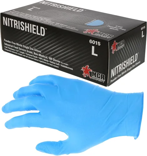 MCR Safety 6015XL NitriShield - Guantes desechables de nitrilo de grado industrial, sin polvo, con puño enrollado, color azul, XL, 4 mil, 1 par