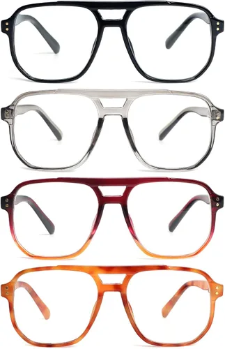 Miniatura 8 de Gafas de lectura de aviador para mujeres y hombres, 4 pares de lectores de bisagra de resorte con bloqueo de luz azul de gran