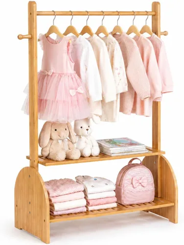 BAMBOOHOMIE Perchero de ropa para niños con varillas ajustables, perchero de ropa para niños, bebés, mascotas, perchero para niños con 2 estantes