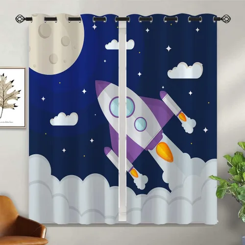 Miniatura 2 de Cortinas opacas con diseño de cohetes de dibujos animados para niñas y niños, decoración del hogar, aventura en el espacio, galaxia, planetas, azul