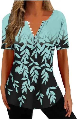 Miniatura 64 de Summer Shirts for Women 2025 Plus Size Short Sleeve Henley Tops Marble Floral Loose Tshirt Tee Casual Dressy Tunics