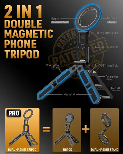Miniatura 2 de MOSENVKA Trípode Magnético Dual para Teléfono Plegable Montura Doble Magnética Soporte de Bolsillo para iPhone 16/15/14/13/12 Plus Max para iPad