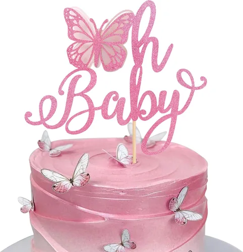 Rsstarxi 1 paquete de decoración de pastel de mariposa Oh Baby con purpurina para baby shower, decoración de pastel de mariposa para revelación de