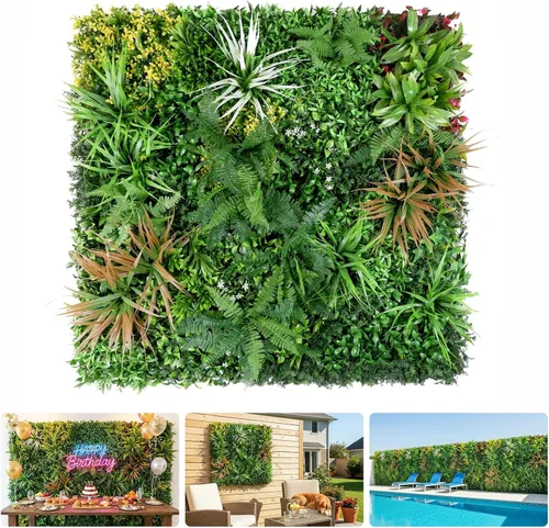 Miniatura 12 de Paneles de pared de plantas artificiales, paneles de boj verde de 40 x 40 pulgadas con protección UV, valla de privacidad de hiedra de hierba