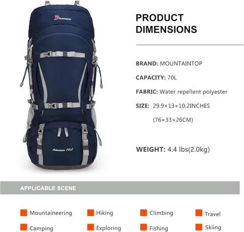 Miniatura 3 de MOUNTAINTOP 70L - Mochila con marco interno para camping, senderismo, mochila para hombres y mujeres con cubierta de lluvia Zafiro azul-70l