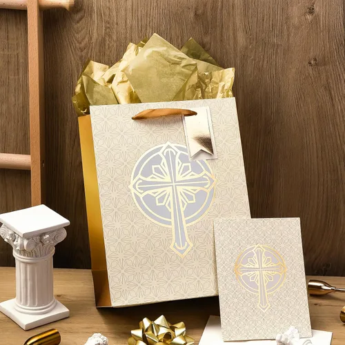 Miniatura 5 de LeZakaa Bolsa de regalo de cruz de 13 pulgadas, bolsa de regalo cristiana dorada con papel de seda, etiqueta de regalo y tarjeta para bautizos