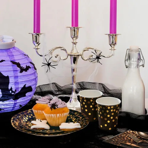 Miniatura 5 de Suministros de fiesta negros y dorados, juego de vajilla desechable de 350 piezas, platos de papel negro, servilletas, vasos, tenedores de plástico