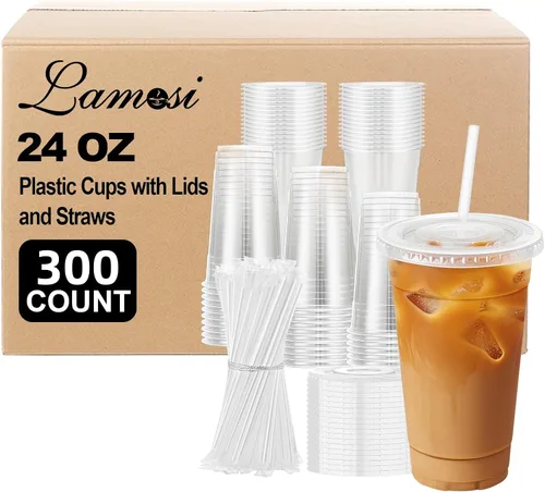 Miniatura 13 de Lamosi Paquete de 100 vasos de plástico transparente de 12 onzas con tapas y pajitas, tazas desechables para café helado con tapas para bebidas