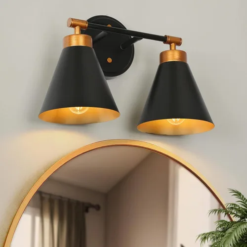 Miniatura 10 de Aplique de pared, 1 aplique de pared negro y dorado, lámpara moderna de pared de granja con pantalla de metal para dormitorio, sala de estar