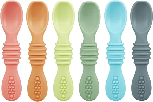 PandaEar Paquete de 6 cucharas de silicona para bebé, utensilios de autoalimentación de 6 a 12 meses, cucharas para bebés de primera etapa,