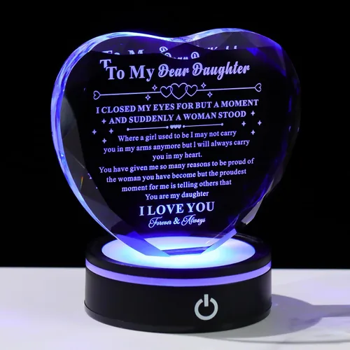 Bluebook Regalos para hija de mamá y papá, placa de cristal en forma de corazón con base LED multicolor, regalo único de cumpleaños para hija,