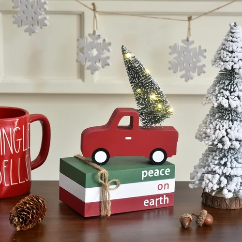 Miniatura 4 de IDATOO Decoraciones navideñas para el hogar, 4 piezas de decoración de bandeja escalonada de Navidad con camión rojo de madera, árbol iluminado por
