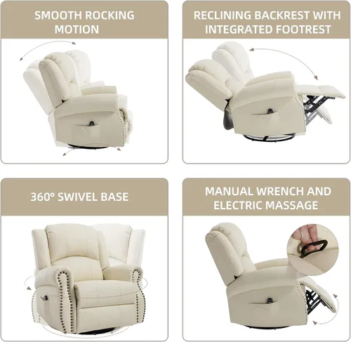 Miniatura 5 de PELUMY Silla reclinable giratoria de cuero transpirable para adultos, balancín giratorio de 360° con masaje térmico y vibratorio, silla de descanso