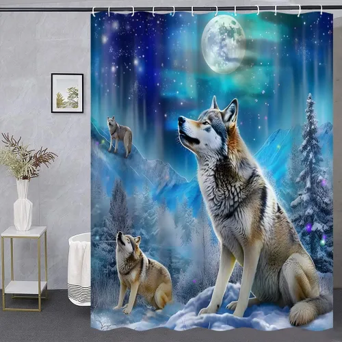 Miniatura 4 de Cortina de ducha con diseño de lobo, nieve, invierno, bosque, montaña, luna llena, vida silvestre, animales, decoración de baño, cortinas de tela