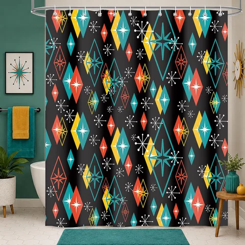 Miniatura 9 de Cortina de ducha de mediados de siglo, juego de cortinas de ducha bohemias y modernas a cuadros para decoración de baño, tela impermeable con 12