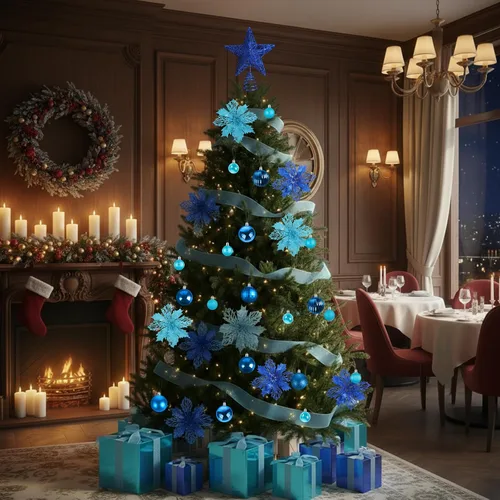 Miniatura 6 de Skylety Juego de 104 piezas de decoraciones para árbol de Navidad, adorno colgante azul de Navidad, bolas para árbol, estrella para la punta, flor