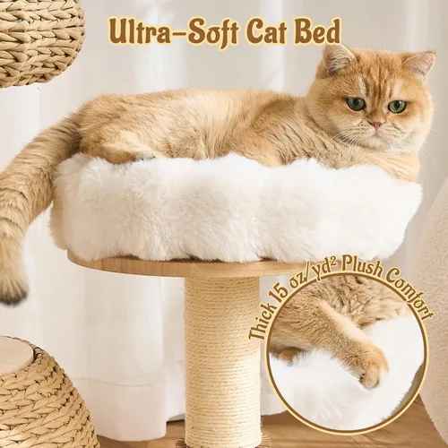 Miniatura 3 de Moderna torre de árbol para gatos de interior, madera maciza de 30 pulgadas y ratán para gatos con postes rascadores y auto arreglado, cama de felpa