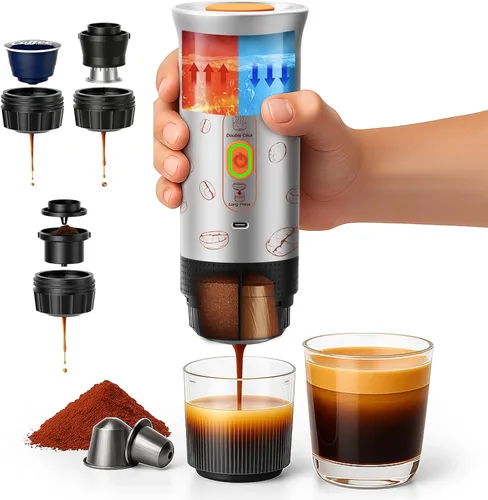 Máquina de café espresso portátil, cafetera de viaje 3 en 1 con autocalentamiento, funciona con pilas, 20 bares, máquina de café espresso portátil