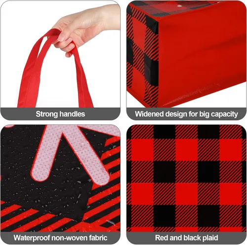 Miniatura 3 de Aneco 12 bolsas grandes reutilizables de Navidad rojas y negras no tejidas con asas, bolsas de regalo para suministros de fiesta, 14 x 13.8 x 7.5