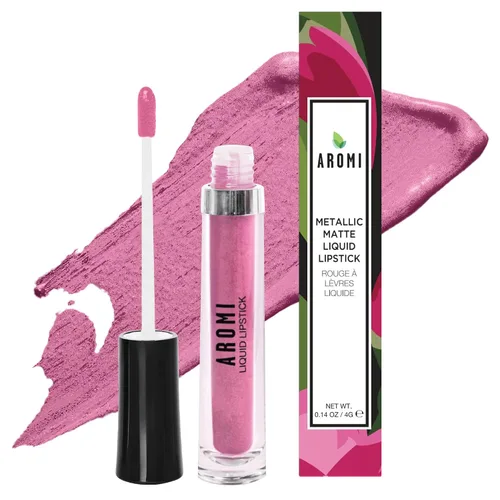 Miniatura 8 de Aromi Lápiz labial líquido mate metálico Rosa polvoriento rosado, color de labios malva rosado claro con acabado brillante, de larga duración