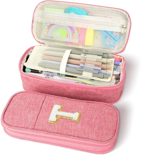 Miniatura 19 de Estuche de lápices de gran capacidad color rosa, lindo estuche de lápices con cremallera para niñas y mujeres, bolsa de lápices expandible