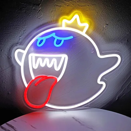 Señal de neón JOSEBRU Rey Boo La Cara de Fantasma Luz LED de Neón Lámpara Mario Señal de Acrílico para Decoración de Sala de Juegos Luz de Juego